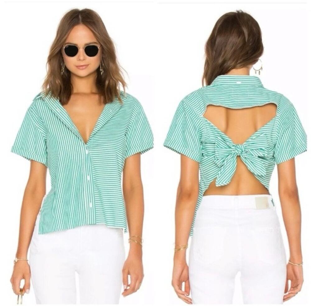 CURRENT/ELLIOTT Telly Button Up Striped Tie Open Back Short Sleeve Shirt Green